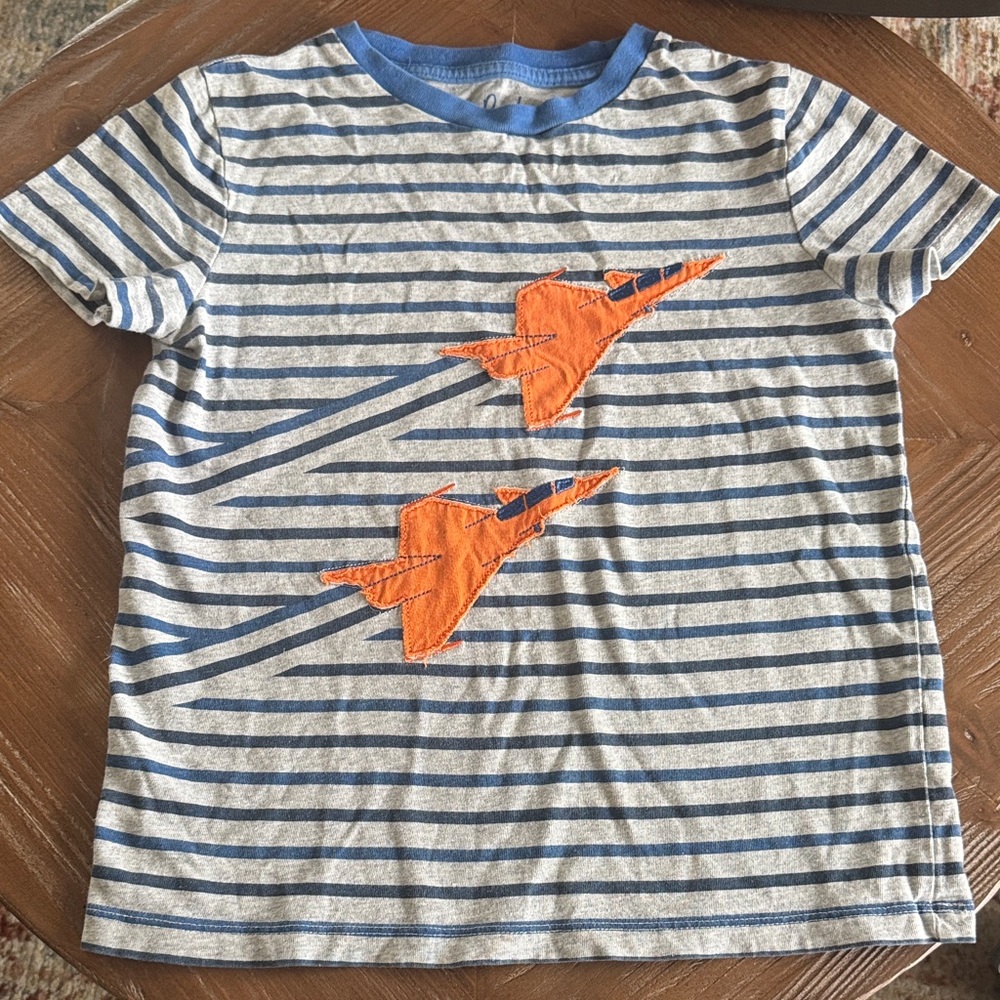 Mini Boden Striped Shirt with Orange Appliqué Airplane Design Sz 8-9